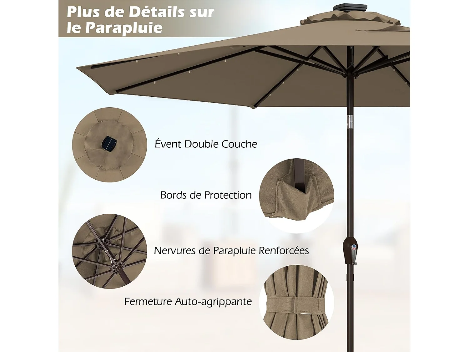 Parasol de Jardin Extérieur Ø 300 CM, Parasol Inclinable Lumineux Solaire avec 24 LED, Parasol Droit avec Manivelle et 8 Baleines Métalliques Robustes, pour Balcon Jardin Terrasse (Brun)