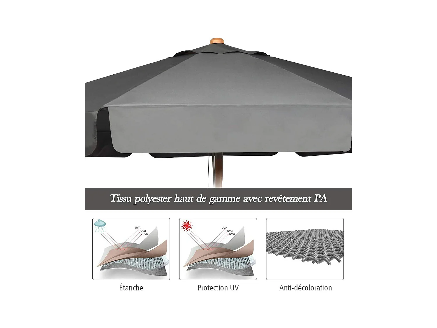Parasol Inclinable Ø300CM avec Manivelle Anti-UV,Protection Solaire Toile Polyester Imperméable, Gris