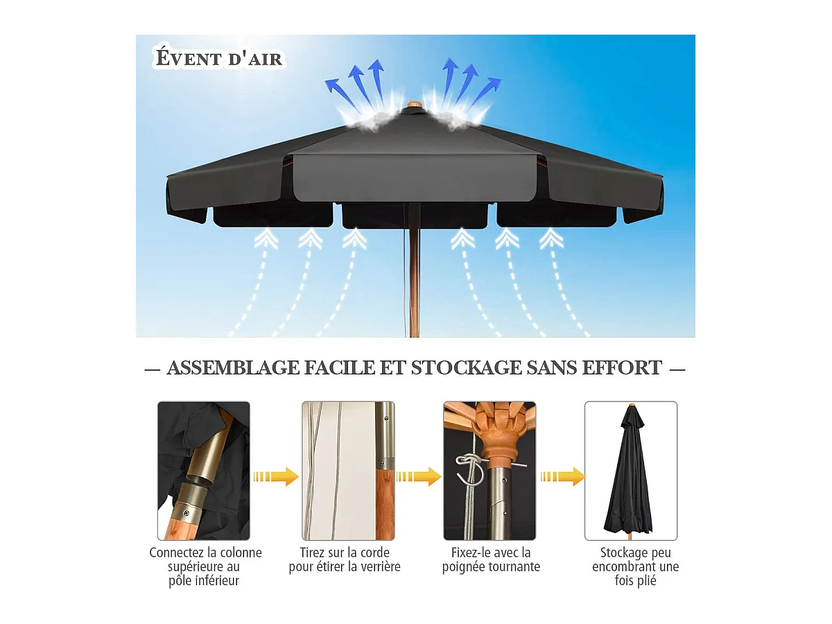 Parasol Inclinable Ø300CM avec Manivelle Anti-UV,Protection Solaire Toile Polyester Imperméable, Gris