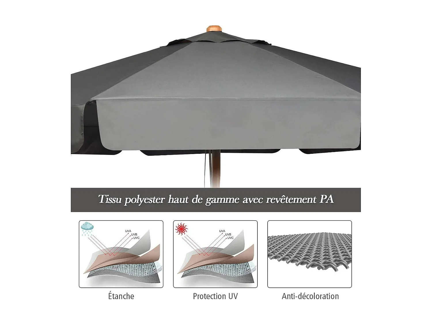 Parasol Inclinable Ø300CM avec Manivelle Anti-UV,Protection Solaire Toile Polyester Imperméable, Gris