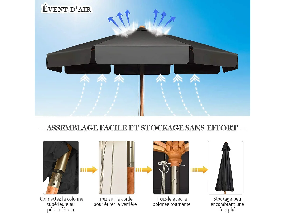 Parasol Inclinable Ø300CM avec Manivelle Anti-UV,Protection Solaire Toile Polyester Imperméable, Gris
