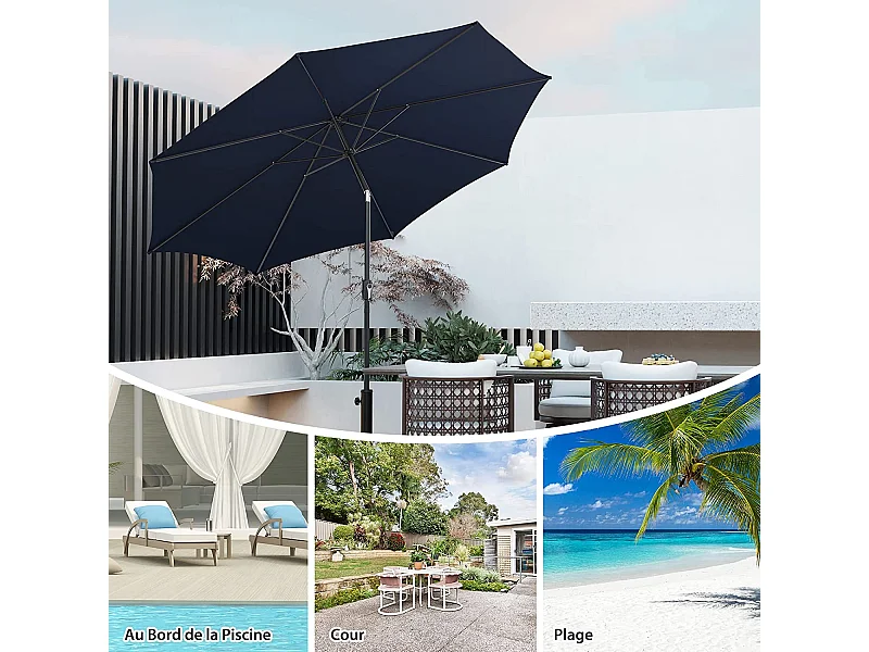 Parasol Inclinable 3M, 112 Lumières LED, Panneau Solaire, Manivelle à Bouton-poussoir,Toile Ventilée Marine