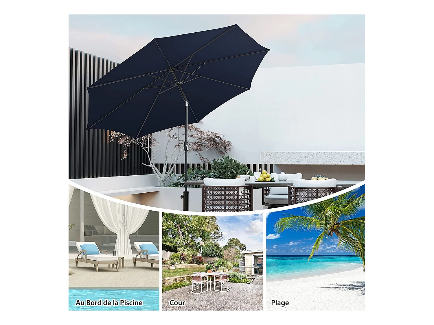 Parasol Inclinable 3M, 112 Lumières LED, Panneau Solaire, Manivelle à Bouton-poussoir,Toile Ventilée Marine