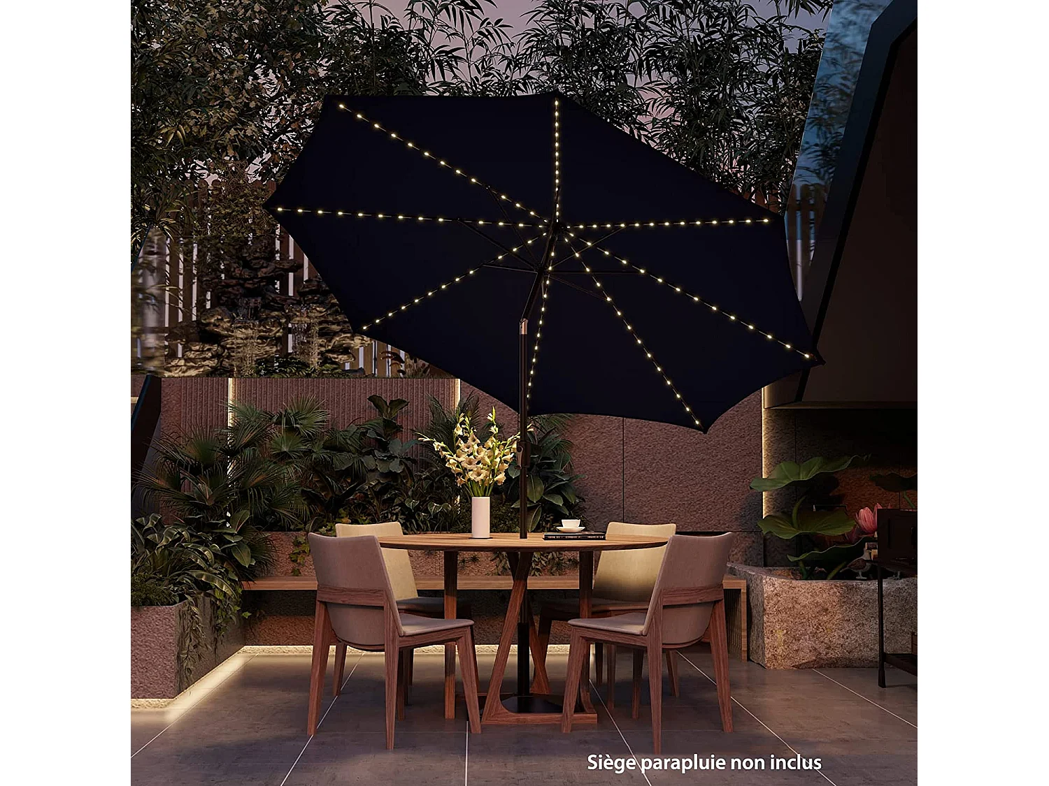 Parasol Inclinable 3M, 112 Lumières LED, Panneau Solaire, Manivelle à Bouton-poussoir,Toile Ventilée Marine