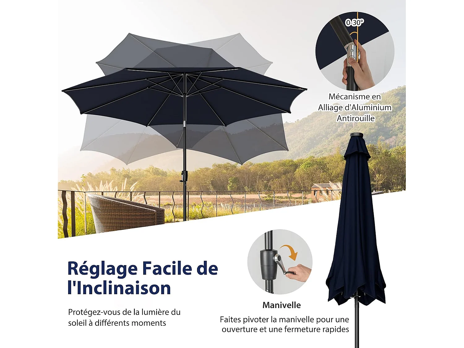 Parasol Inclinable 3M, 112 Lumières LED, Panneau Solaire, Manivelle à Bouton-poussoir,Toile Ventilée Marine