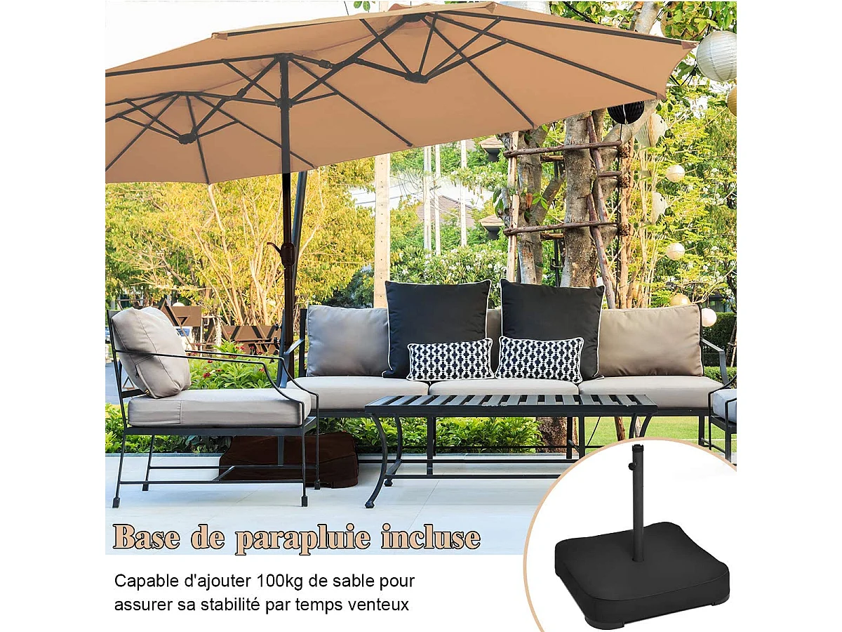 Parasol de jardin extérieur double 460x270cm avec base de parapluie 50kg et manivelle poteau φ48mm
