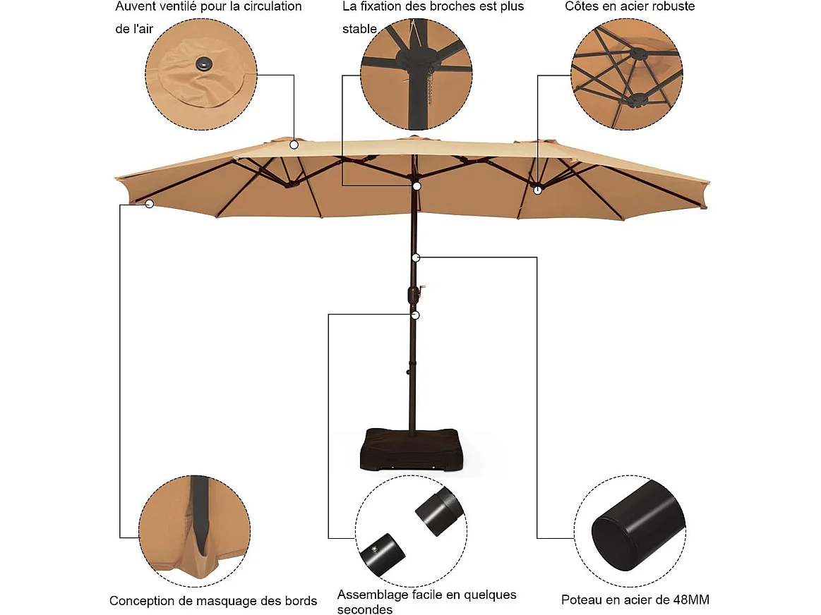 Parasol de jardin extérieur double 460x270cm avec base de parapluie 50kg et manivelle poteau φ48mm