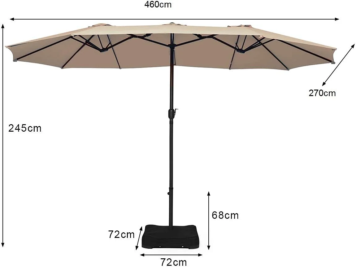 Parasol de jardin extérieur double 460x270cm avec base de parapluie 50kg et manivelle poteau φ48mm