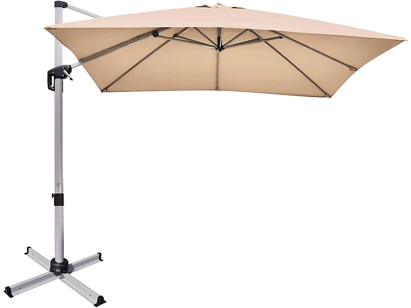 Parasol Déporté Carré 3M avec Base en Croix Poteau en Aluminium Rotatif à 360° Manivelle Inclinable 8 Baleines Beige