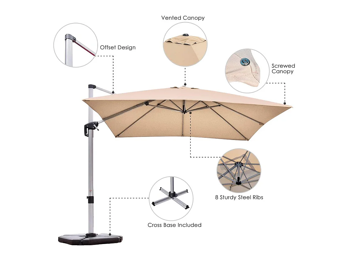 Parasol Déporté Carré 3M avec Base en Croix Poteau en Aluminium Rotatif à 360° Manivelle Inclinable 8 Baleines Beige