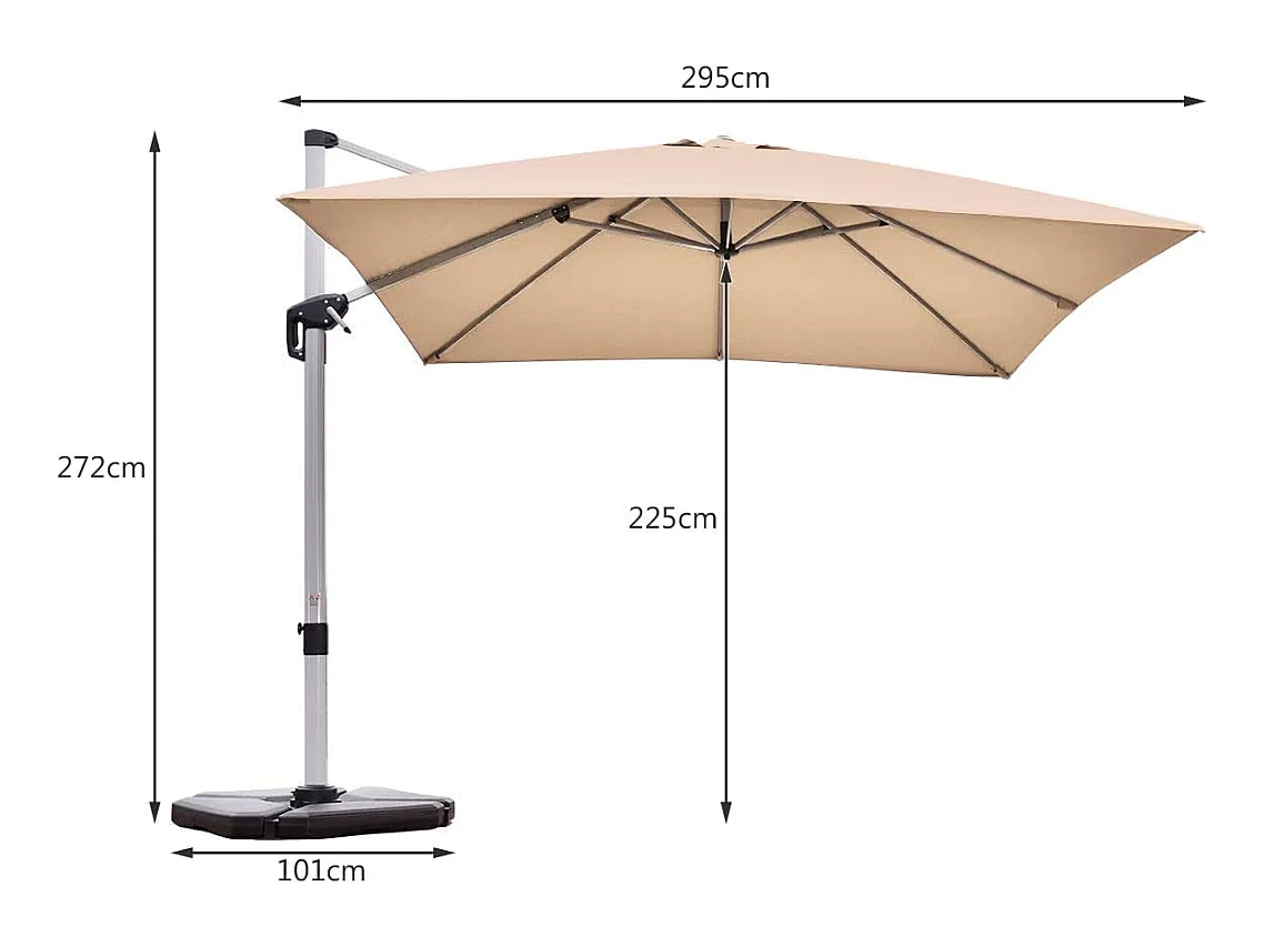 Parasol Déporté Carré 3M avec Base en Croix Poteau en Aluminium Rotatif à 360° Manivelle Inclinable 8 Baleines Beige