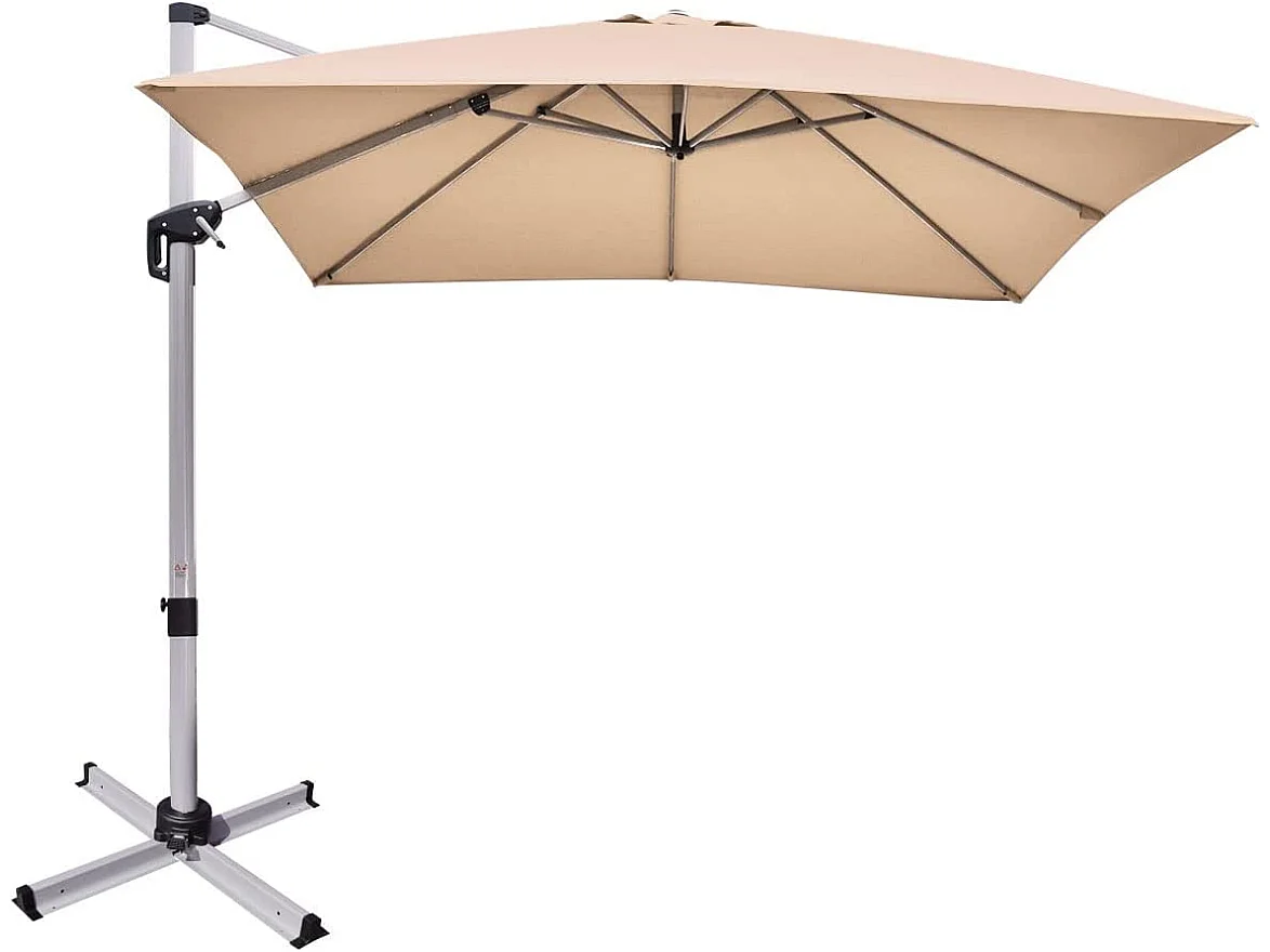 Parasol Déporté Carré 3M avec Base en Croix Poteau en Aluminium Rotatif à 360° Manivelle Inclinable 8 Baleines Beige