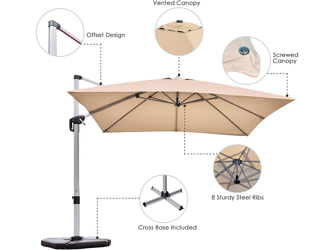Parasol Déporté Carré 3M avec Base en Croix Poteau en Aluminium Rotatif à 360° Manivelle Inclinable 8 Baleines Beige