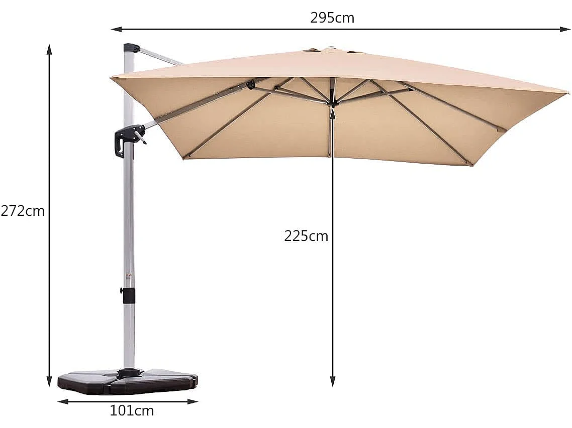 Parasol Déporté Carré 3M avec Base en Croix Poteau en Aluminium Rotatif à 360° Manivelle Inclinable 8 Baleines Beige