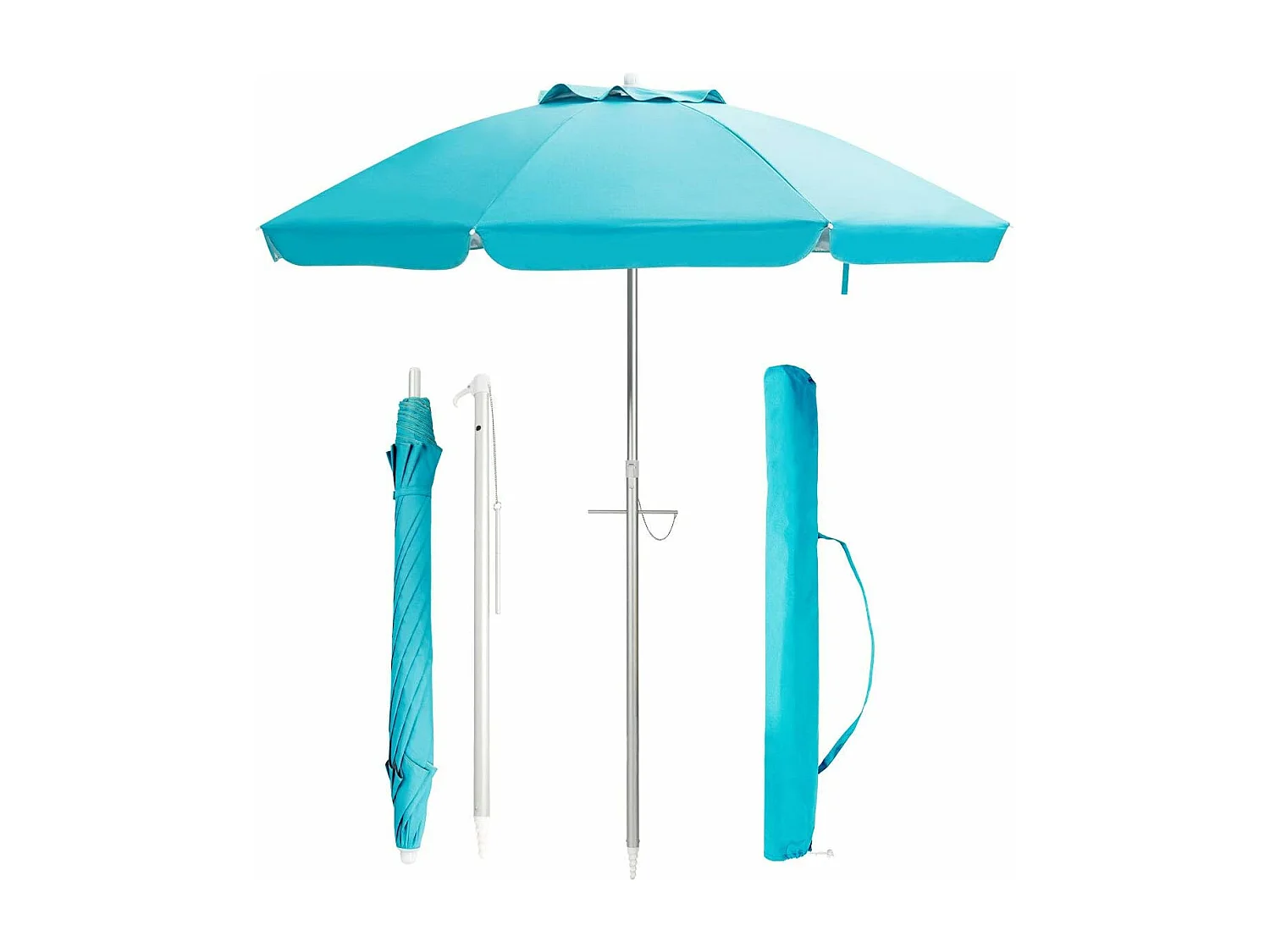 Parasol de Plage Inclinable Ø198 CM Protection UV 50+ avec Bouton Poussoir et Sac de Transport pour Patio/Piscine/Jardin-Bleu