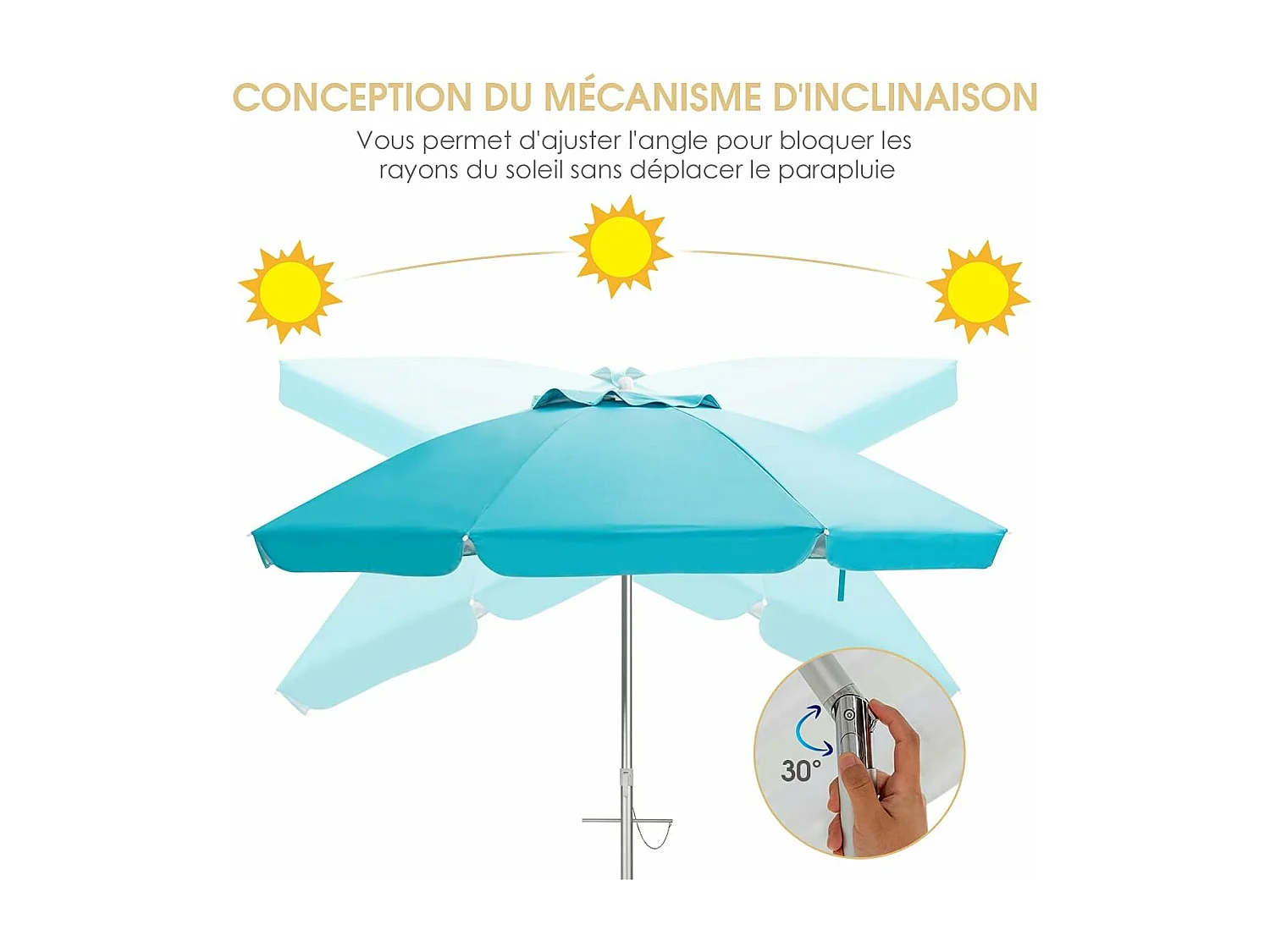 Parasol de Plage Inclinable Ø198 CM Protection UV 50+ avec Bouton Poussoir et Sac de Transport pour Patio/Piscine/Jardin-Bleu
