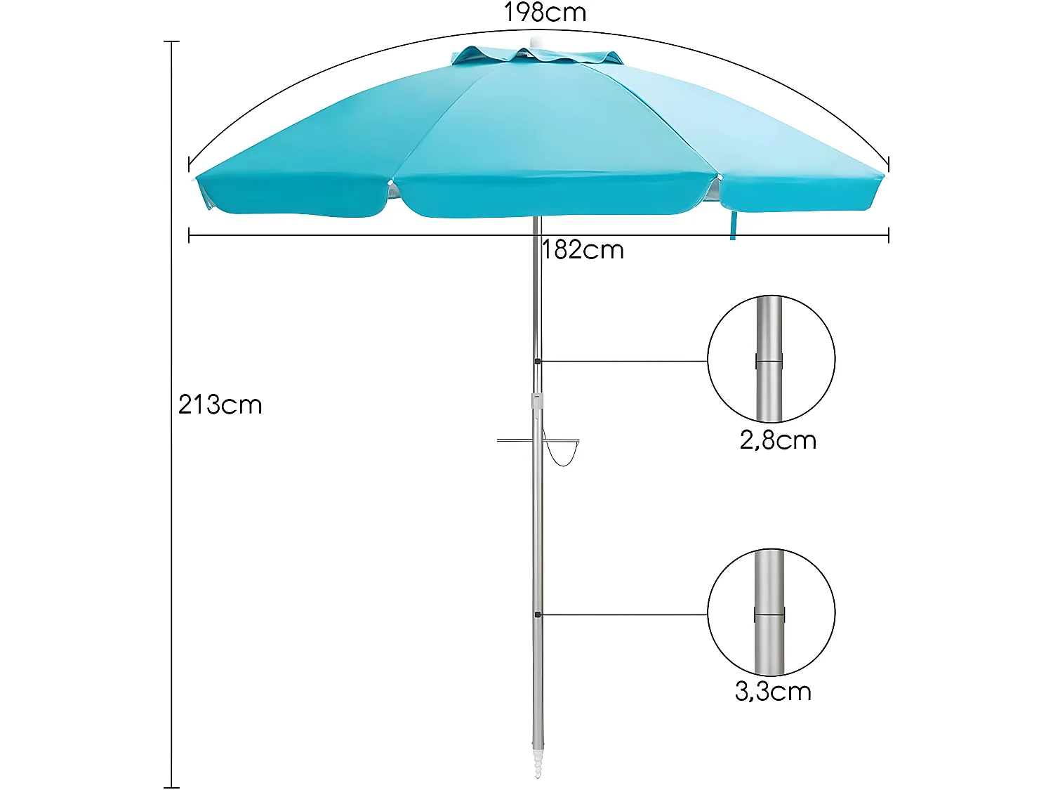 Parasol de Plage Inclinable Ø198 CM Protection UV 50+ avec Bouton Poussoir et Sac de Transport pour Patio/Piscine/Jardin-Bleu