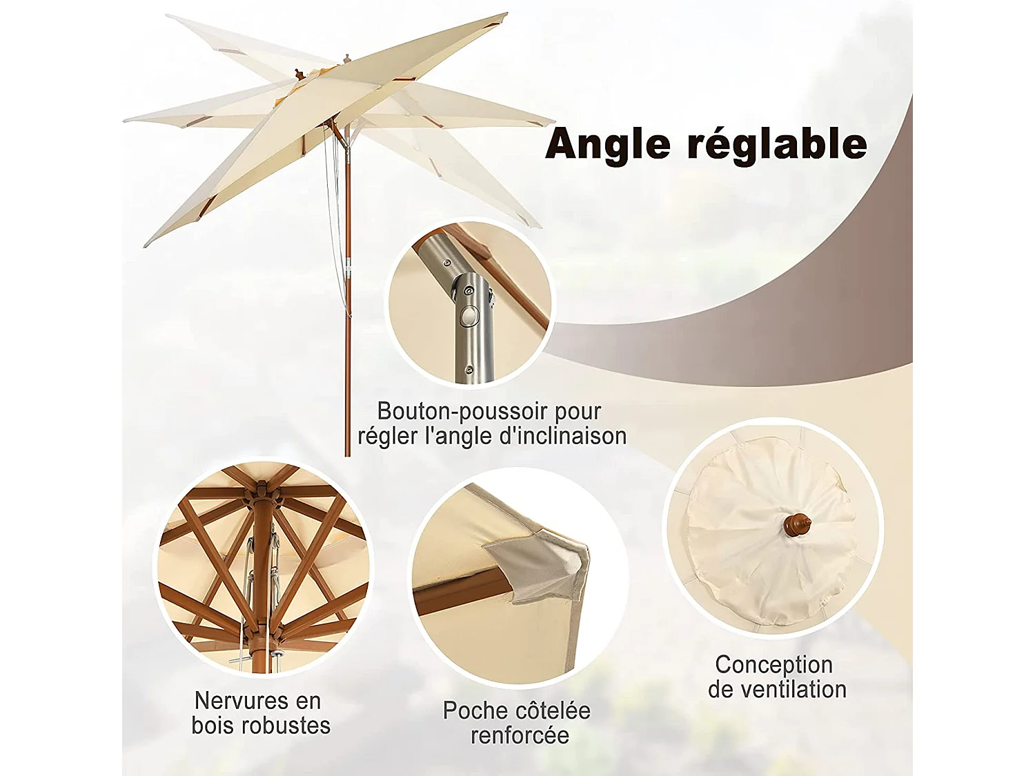 Parasol Inclinable Ø2,7m Toile Polyester Imperméable avec Cordon de Serrage 8 Baleines Ventilation pour Jardin Cour Beige