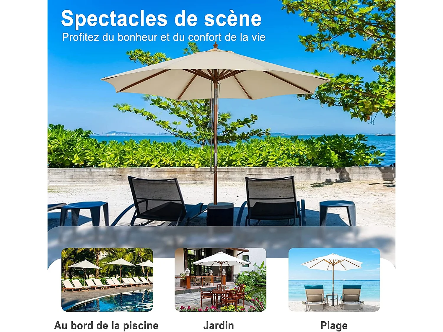 Parasol Inclinable Ø2,7m Toile Polyester Imperméable avec Cordon de Serrage 8 Baleines Ventilation pour Jardin Cour Beige