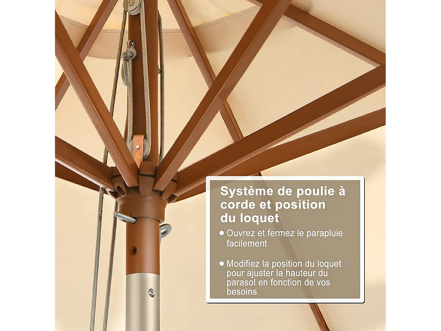 Parasol Inclinable Ø2,7m Toile Polyester Imperméable avec Cordon de Serrage 8 Baleines Ventilation pour Jardin Cour Beige