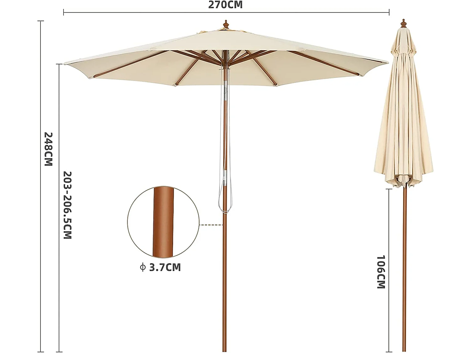Parasol Inclinable Ø2,7m Toile Polyester Imperméable avec Cordon de Serrage 8 Baleines Ventilation pour Jardin Cour Beige