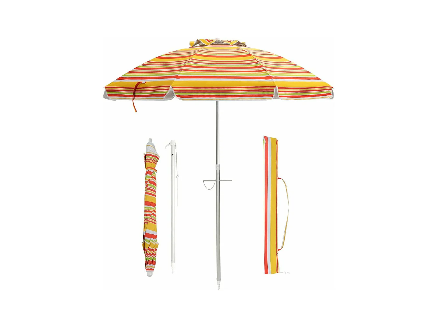 Parasol de Plage Inclinable Ø198 CM Protection UV 50+ avec Bouton Poussoir et Sac de Transport pour Patio/Piscine/Jardin-Rayures jaunes