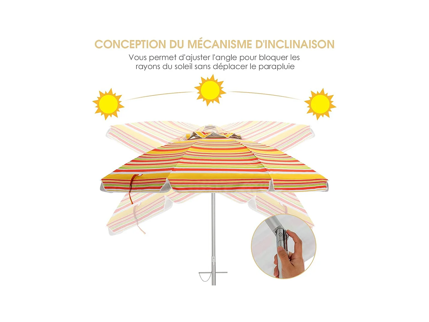 Parasol de Plage Inclinable Ø198 CM Protection UV 50+ avec Bouton Poussoir et Sac de Transport pour Patio/Piscine/Jardin-Rayures jaunes