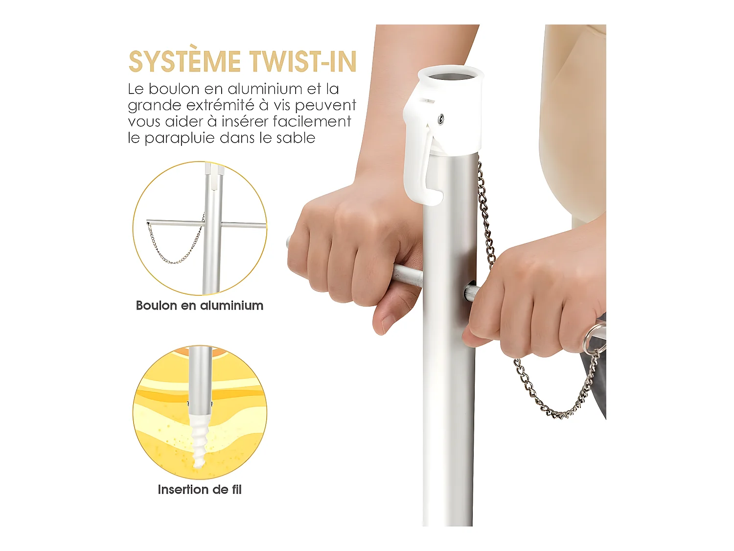 Parasol de Plage Inclinable Ø198 CM Protection UV 50+ avec Bouton Poussoir et Sac de Transport pour Patio/Piscine/Jardin-Rayures jaunes