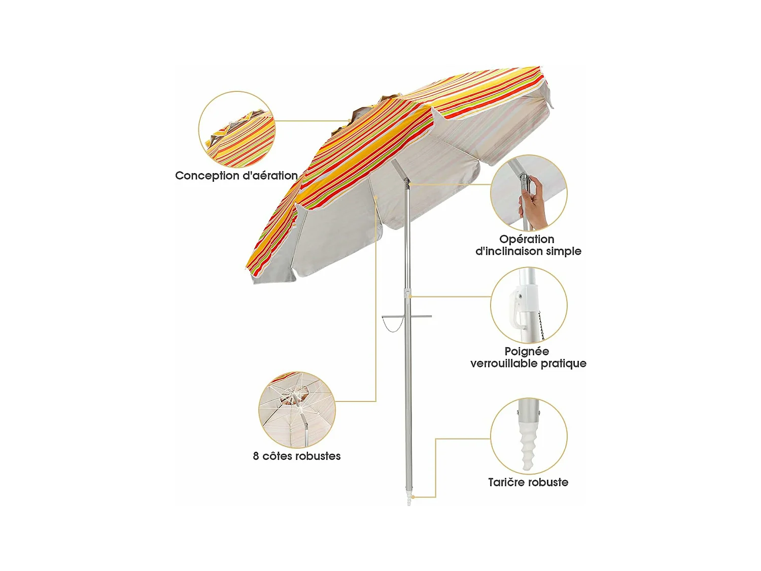 Parasol de Plage Inclinable Ø198 CM Protection UV 50+ avec Bouton Poussoir et Sac de Transport pour Patio/Piscine/Jardin-Rayures jaunes