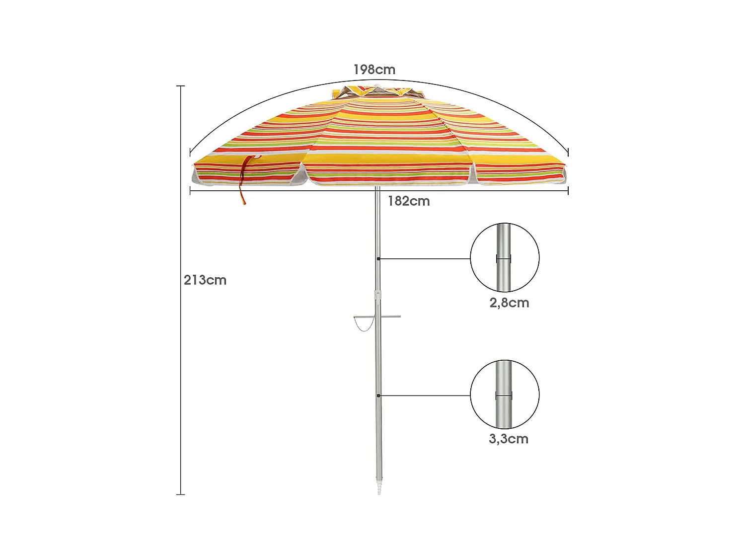 Parasol de Plage Inclinable Ø198 CM Protection UV 50+ avec Bouton Poussoir et Sac de Transport pour Patio/Piscine/Jardin-Rayures jaunes