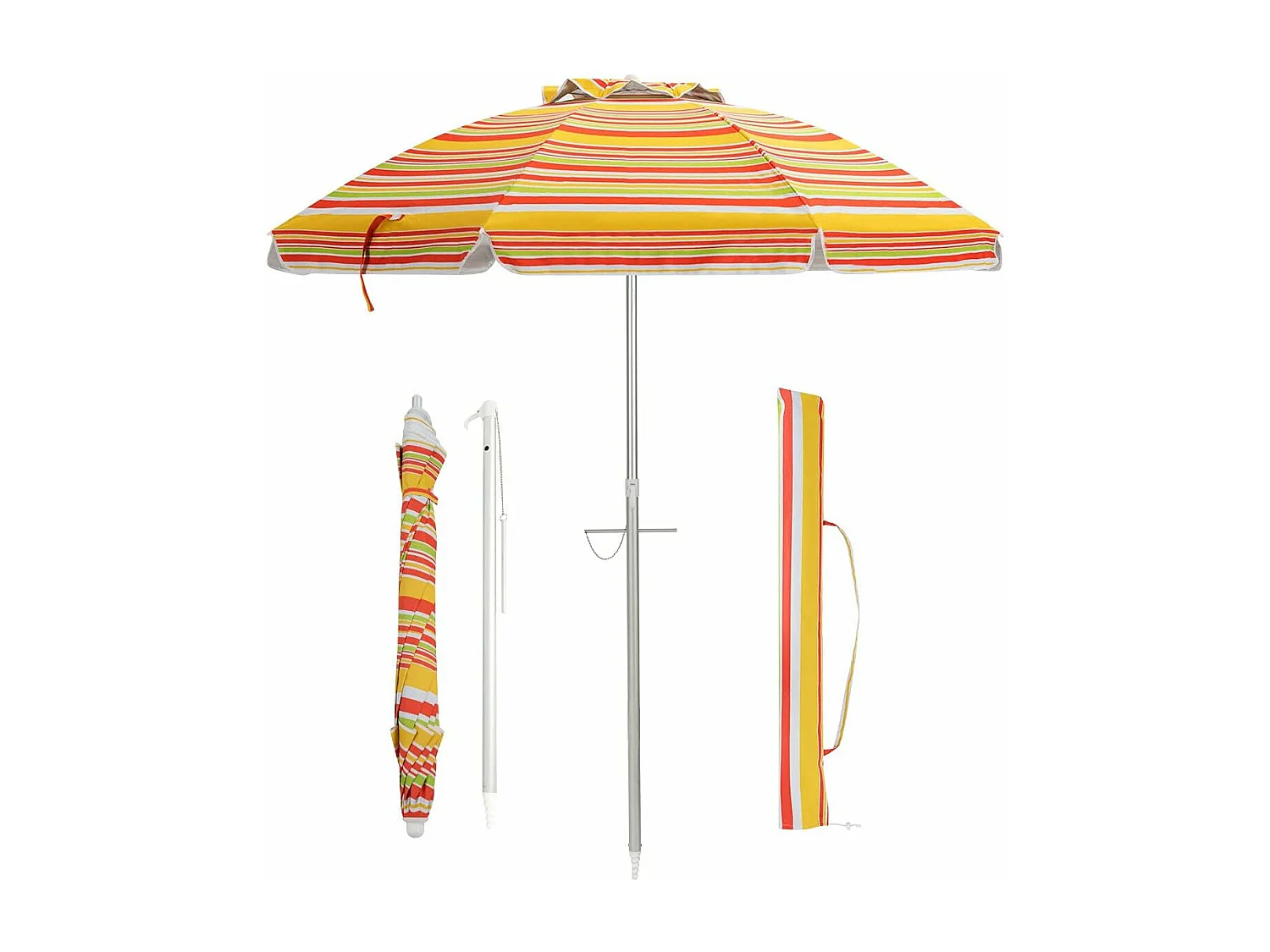 Parasol de Plage Inclinable Ø198 CM Protection UV 50+ avec Bouton Poussoir et Sac de Transport pour Patio/Piscine/Jardin-Rayures jaunes