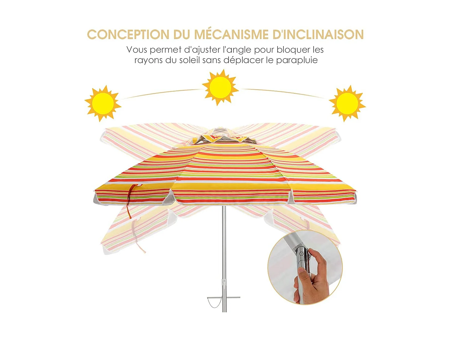 Parasol de Plage Inclinable Ø198 CM Protection UV 50+ avec Bouton Poussoir et Sac de Transport pour Patio/Piscine/Jardin-Rayures jaunes