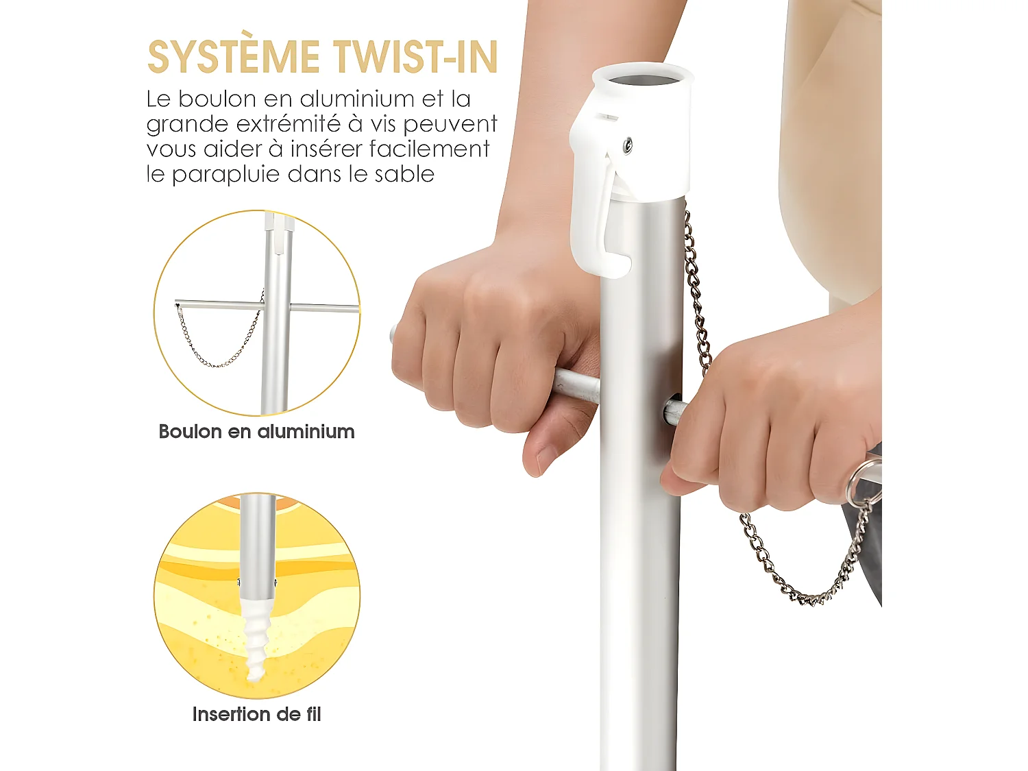 Parasol de Plage Inclinable Ø198 CM Protection UV 50+ avec Bouton Poussoir et Sac de Transport pour Patio/Piscine/Jardin-Rayures jaunes