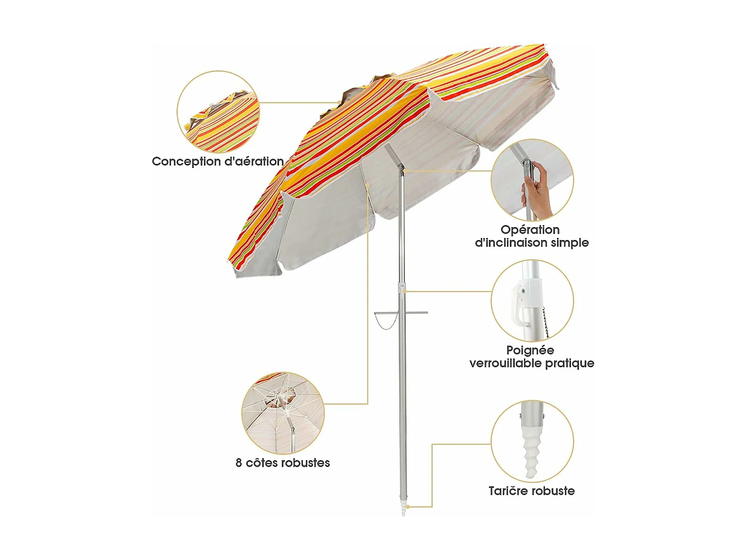 Parasol de Plage Inclinable Ø198 CM Protection UV 50+ avec Bouton Poussoir et Sac de Transport pour Patio/Piscine/Jardin-Rayures jaunes