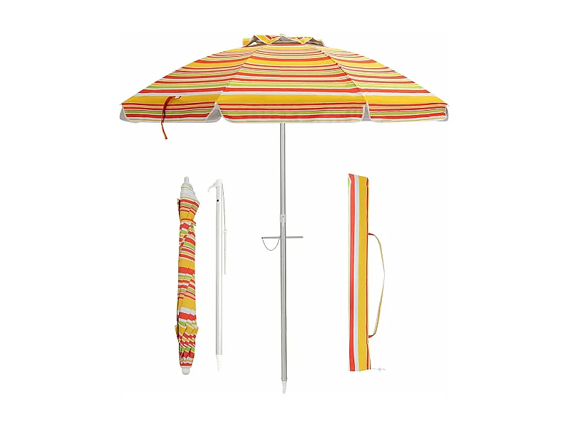 Parasol de Plage Inclinable Ø198 CM Protection UV 50+ avec Bouton Poussoir et Sac de Transport pour Patio/Piscine/Jardin-Rayures jaunes
