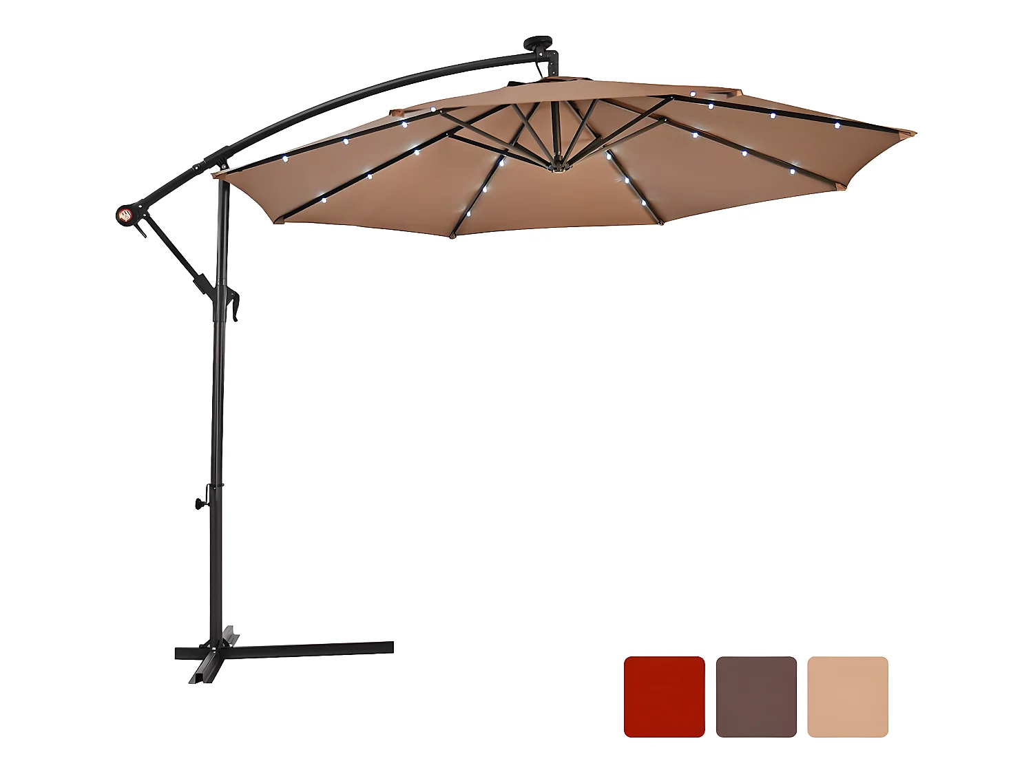 3M Parasol Déporté Excentré avec 24 LED Lampe Solaire Fait en Polyester Inperméable 8 Baleines en Fer-Hauteur 250CM pour Jardin, Cour Intérieur, aux Bords de la Piscine (Marron)