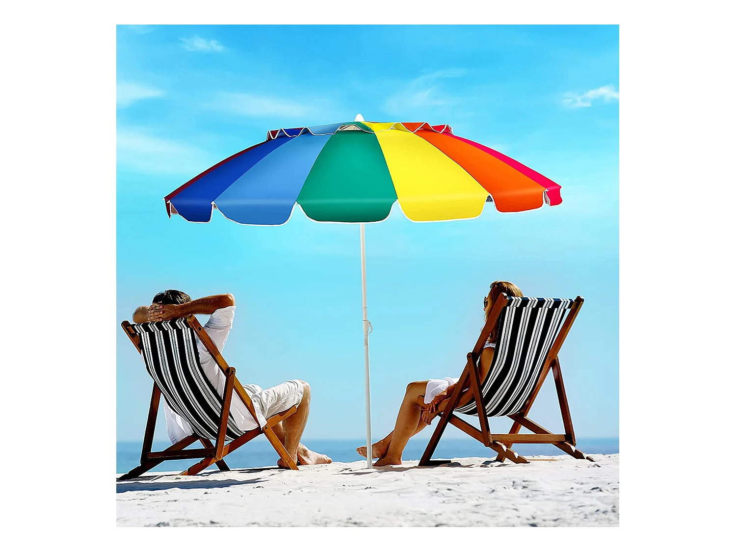 Parasol de Plage Inclinable 2,45 M Protection UPF 50+ Baleines en Fibre de Verre avec Sac Pied Amovible Arc-en-Ciel