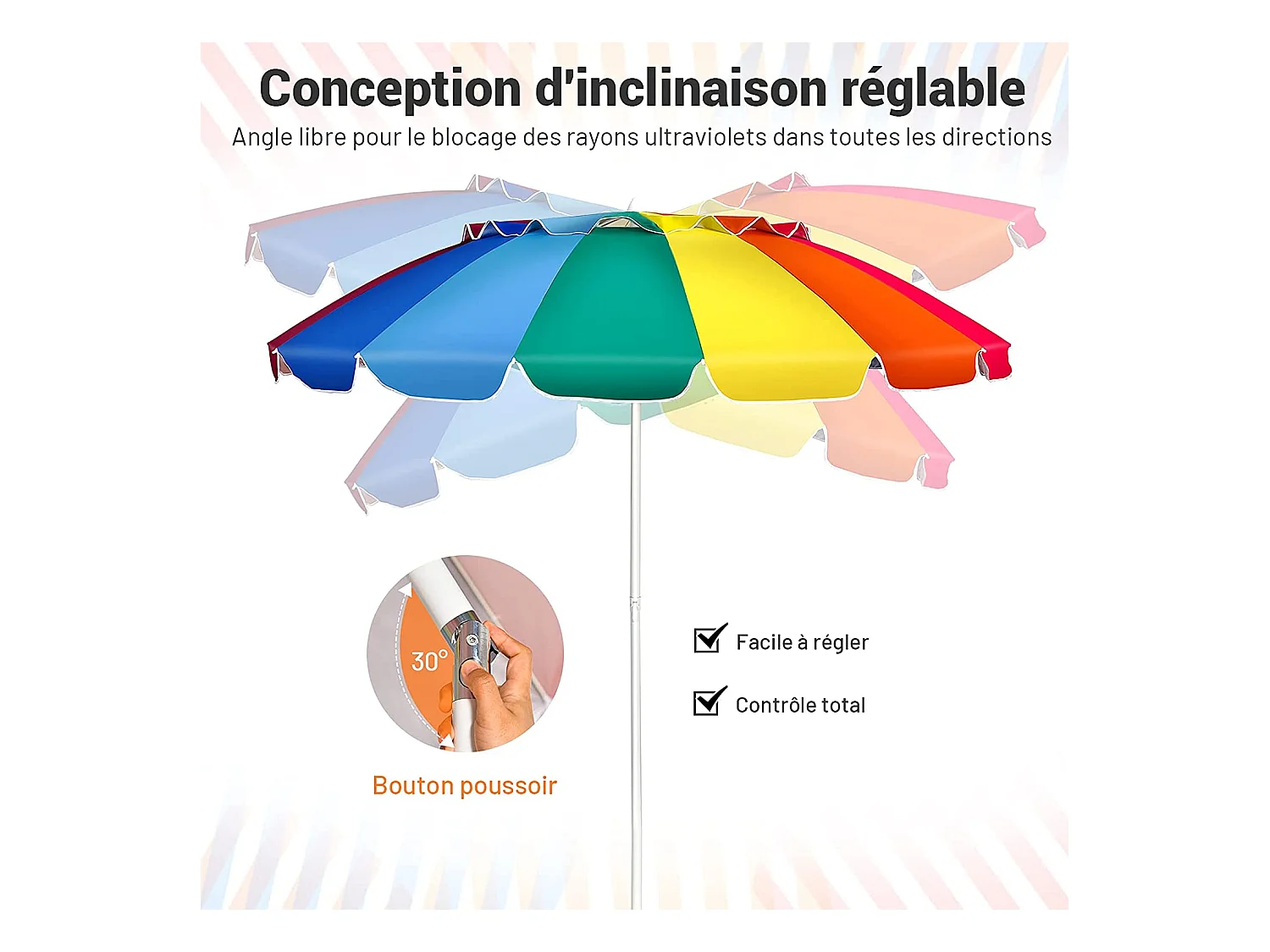 Parasol de Plage Inclinable 2,45 M Protection UPF 50+ Baleines en Fibre de Verre avec Sac Pied Amovible Arc-en-Ciel