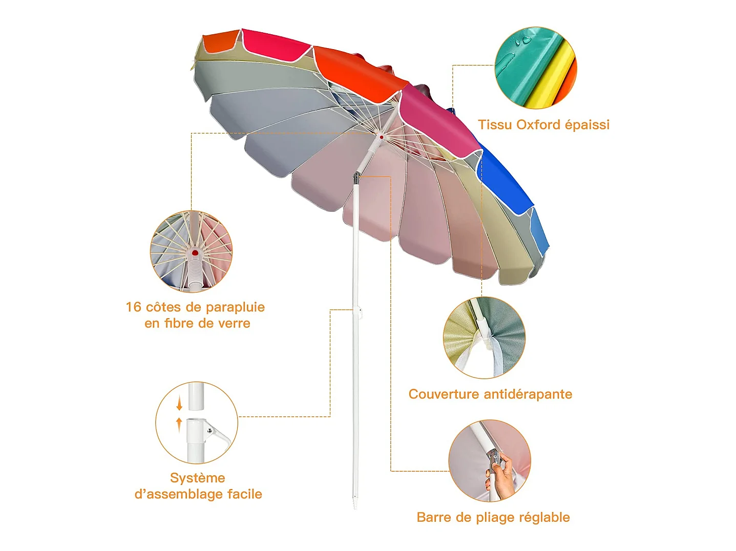 Parasol de Plage Inclinable 2,45 M Protection UPF 50+ Baleines en Fibre de Verre avec Sac Pied Amovible Arc-en-Ciel
