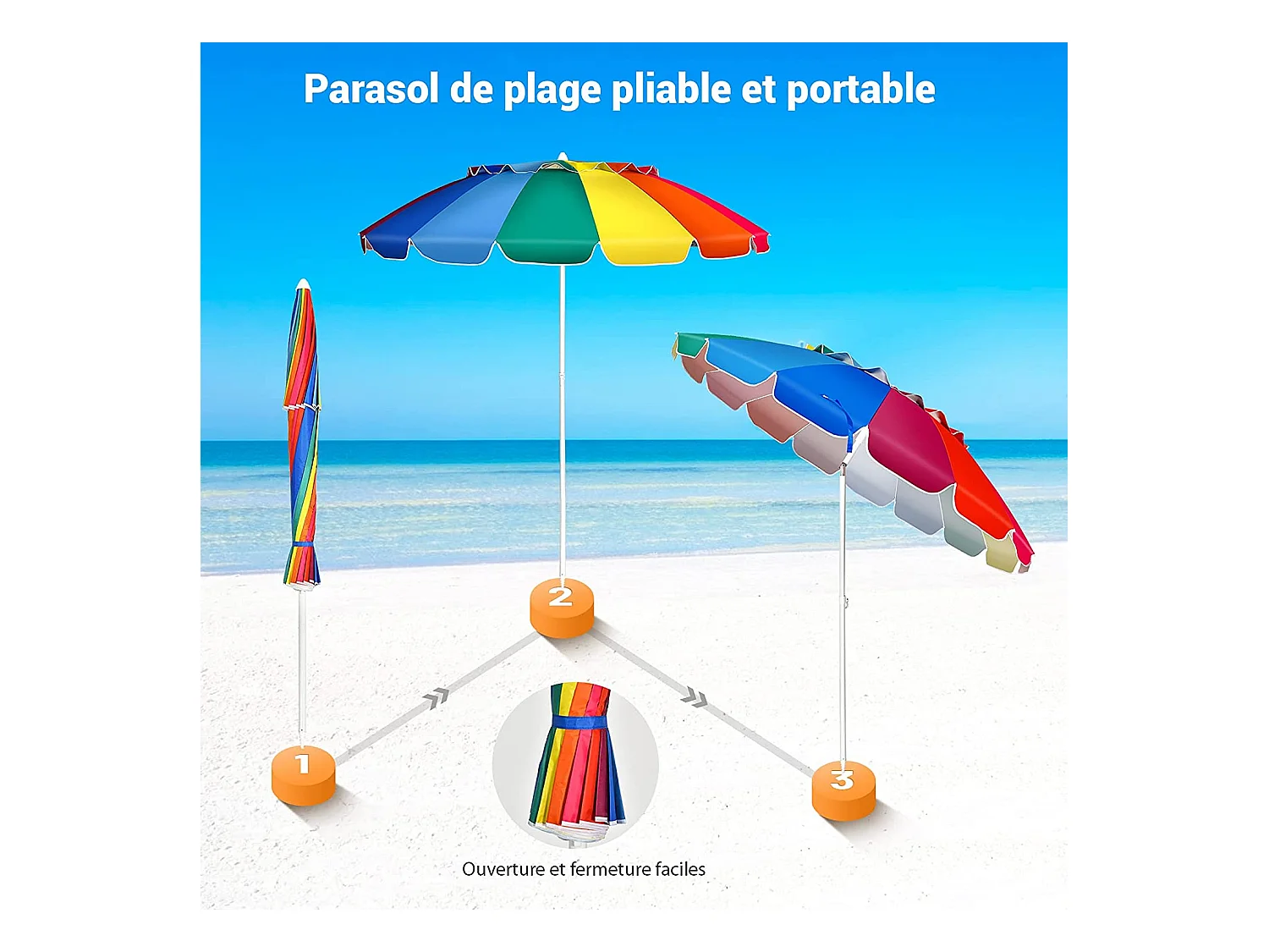 Parasol de Plage Inclinable 2,45 M Protection UPF 50+ Baleines en Fibre de Verre avec Sac Pied Amovible Arc-en-Ciel