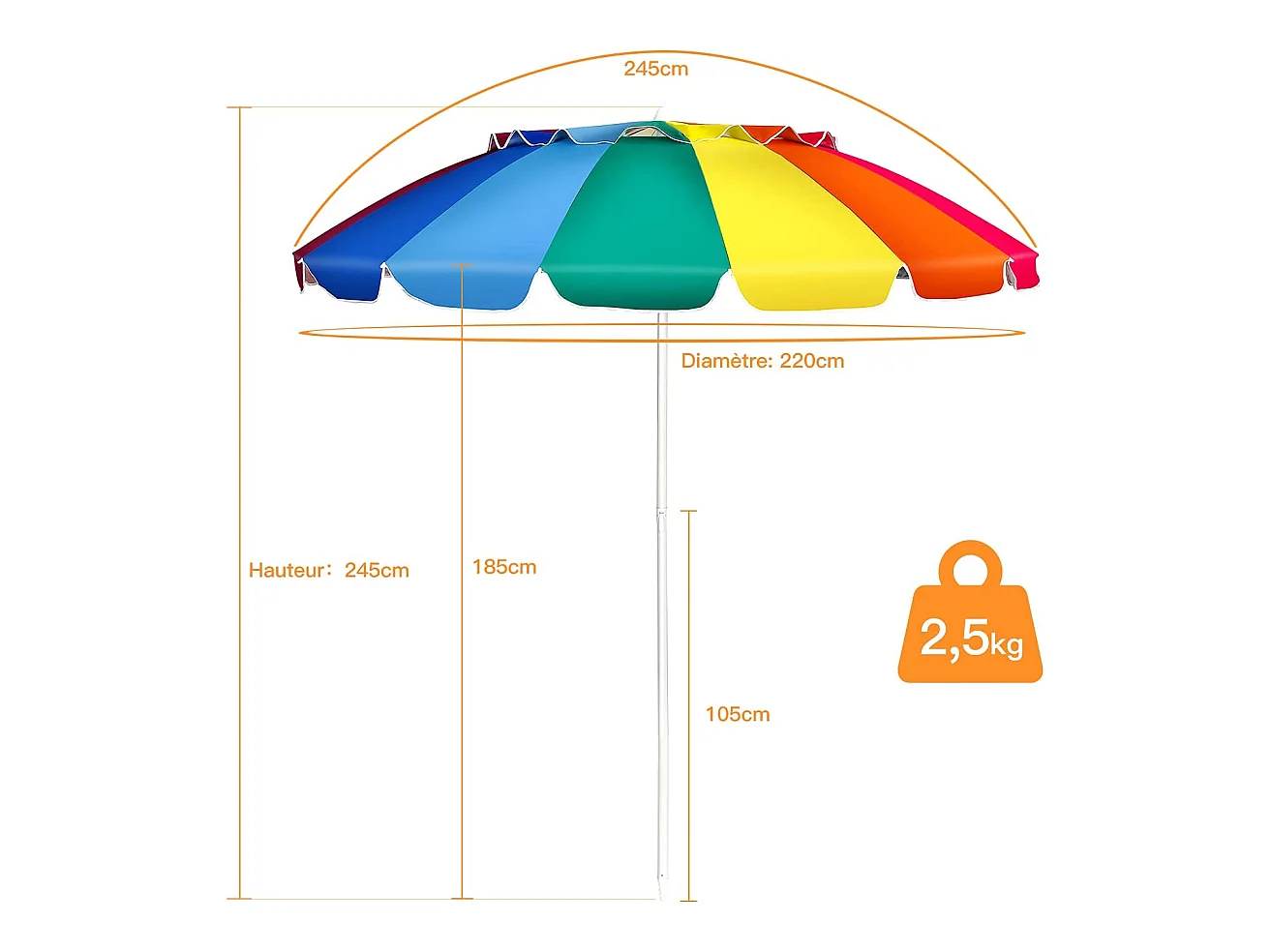 Parasol de Plage Inclinable 2,45 M Protection UPF 50+ Baleines en Fibre de Verre avec Sac Pied Amovible Arc-en-Ciel