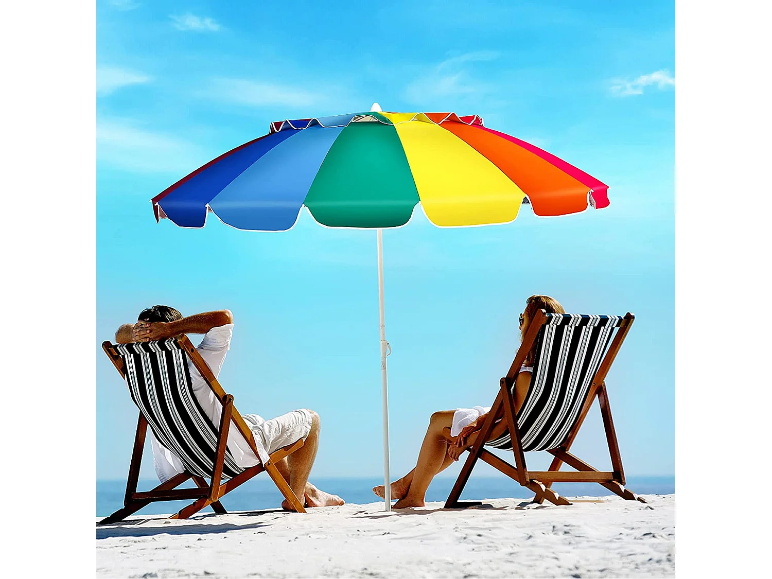 Parasol de Plage Inclinable 2,45 M Protection UPF 50+ Baleines en Fibre de Verre avec Sac Pied Amovible Arc-en-Ciel