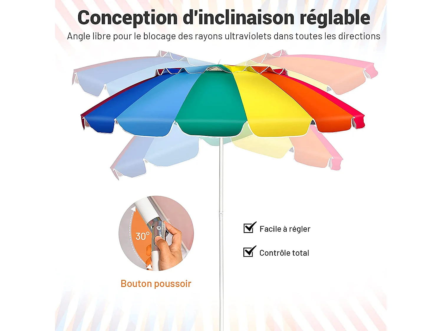 Parasol de Plage Inclinable 2,45 M Protection UPF 50+ Baleines en Fibre de Verre avec Sac Pied Amovible Arc-en-Ciel