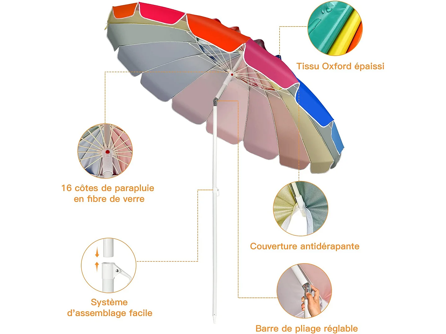 Parasol de Plage Inclinable 2,45 M Protection UPF 50+ Baleines en Fibre de Verre avec Sac Pied Amovible Arc-en-Ciel