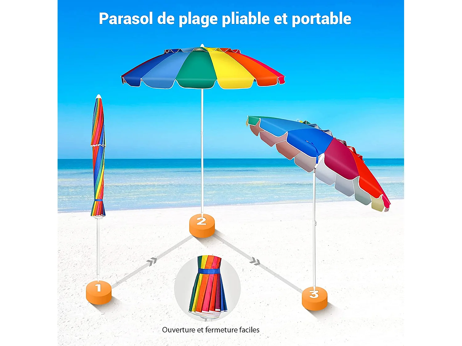 Parasol de Plage Inclinable 2,45 M Protection UPF 50+ Baleines en Fibre de Verre avec Sac Pied Amovible Arc-en-Ciel
