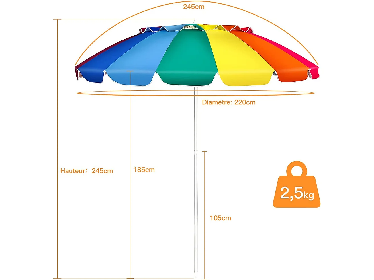 Parasol de Plage Inclinable 2,45 M Protection UPF 50+ Baleines en Fibre de Verre avec Sac Pied Amovible Arc-en-Ciel
