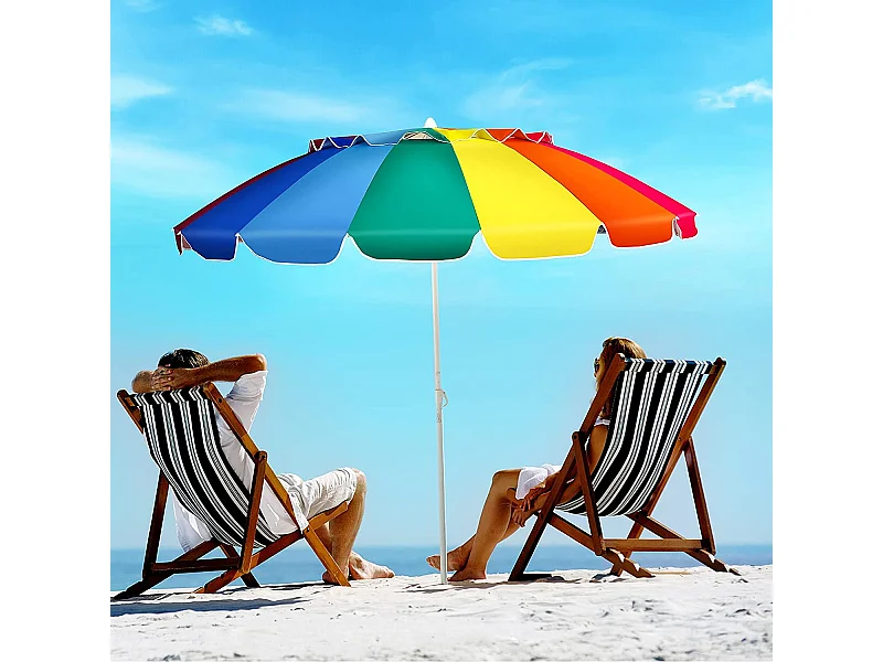 Parasol de Plage Inclinable 2,45 M Protection UPF 50+ Baleines en Fibre de Verre avec Sac Pied Amovible Arc-en-Ciel