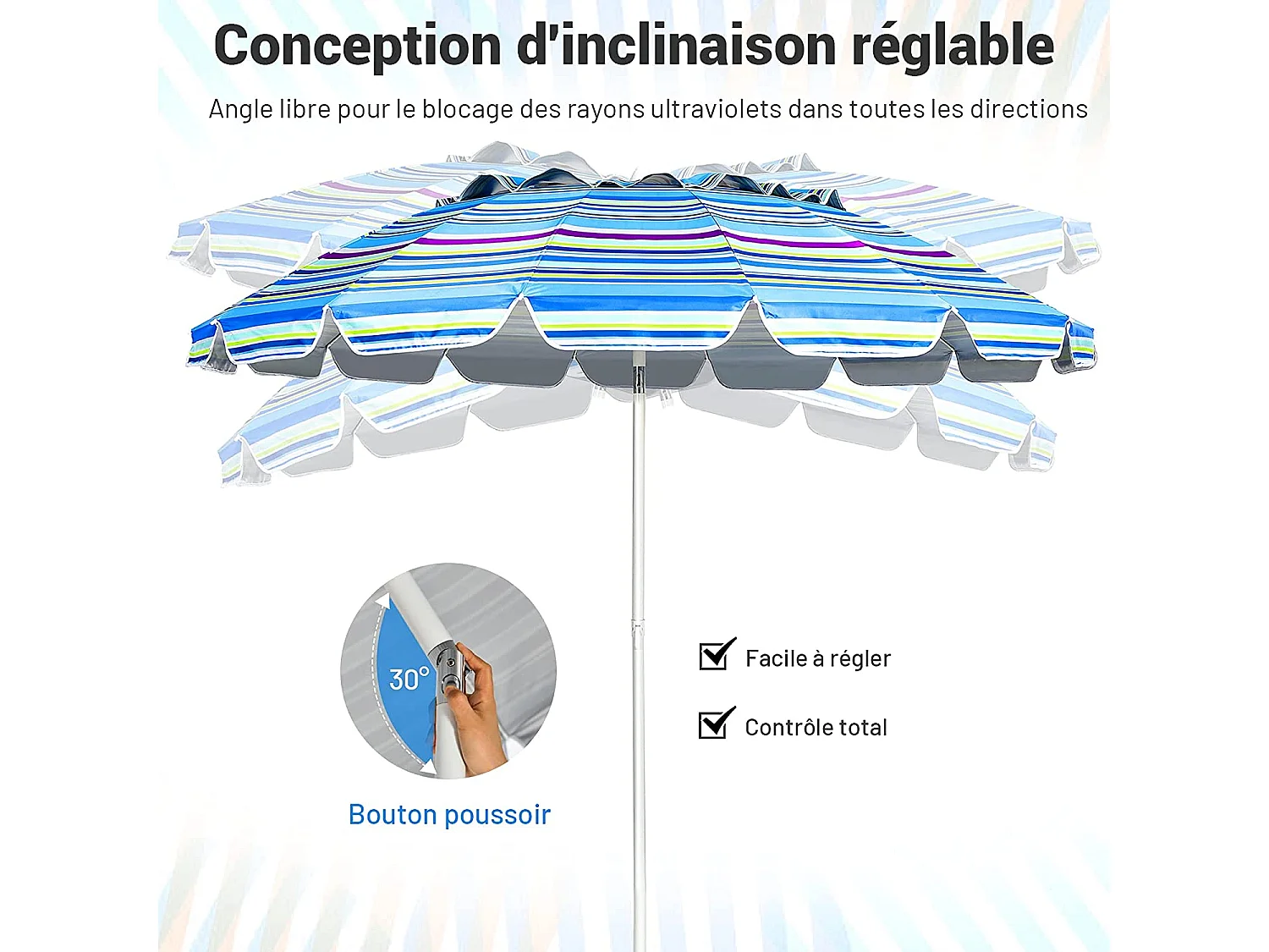 Parasol de Plage Inclinable 2,45 M Protection UPF 50+ Baleines en Fibre de Verre avec Sac Pied Amovible Bleu