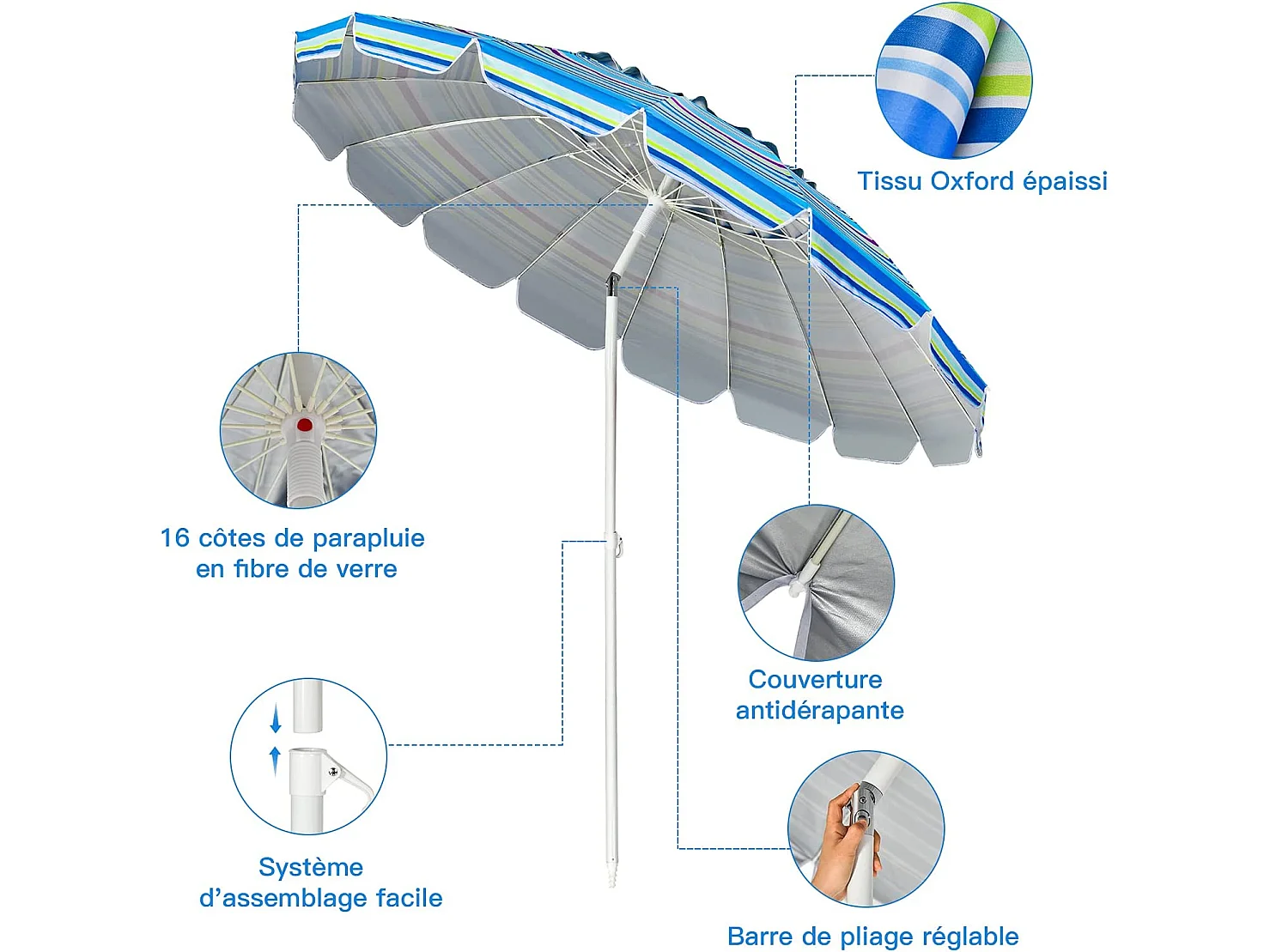 Parasol de Plage Inclinable 2,45 M Protection UPF 50+ Baleines en Fibre de Verre avec Sac Pied Amovible Bleu