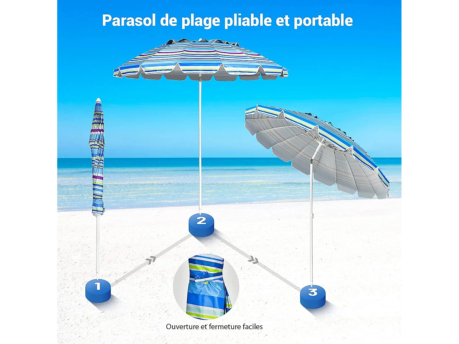 Parasol de Plage Inclinable 2,45 M Protection UPF 50+ Baleines en Fibre de Verre avec Sac Pied Amovible Bleu